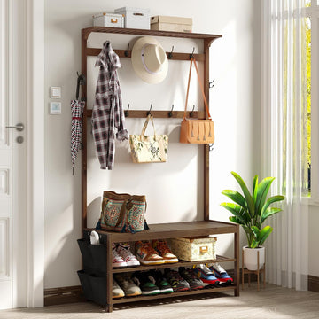 Hall Tree with bench and shoe storage, Entryway Bench with shoe storage, 6-in-1 Coat Rack with Cloth Bag and14 Coat