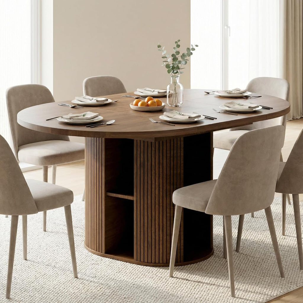 43.3'' - 59'' Extendable Round Dining Table for 4 - 8, Modern Wood Oval Kitchen Table with Storage Shelf