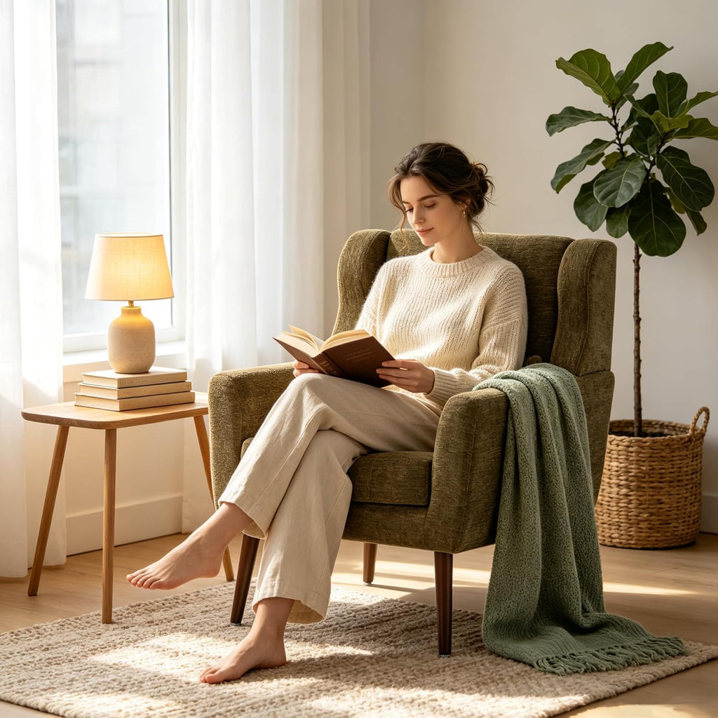 Accent Arm Chairs , Chenille Upholstered Mordern Armchair, Comfy Soft Padded Lounge Chair , Pillow, Solid Wood Leg