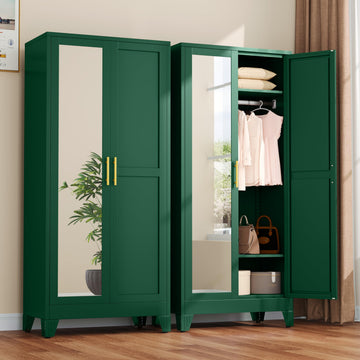 Metal Armoire Wardrobe Closet with 2 Mirror Doors, 71" Wardrobe Cabinet with Adjustable Shelves and Hanging Rod