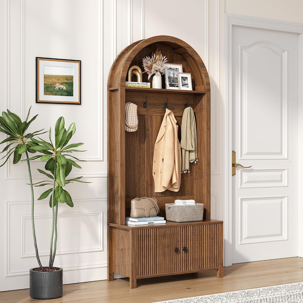 Hall Tree with Bench and Shoe Storage, 4-in-1 Mudroom Entryway Coat Rack & Shoe Storage Cabinet with 4 Hooks