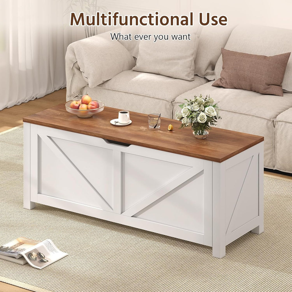 47.2" Storage Chest, Farmhouse Large Storage Bench with 2 Safety Hinges, Wooden Storage Trunk with Flip-Top, Toy