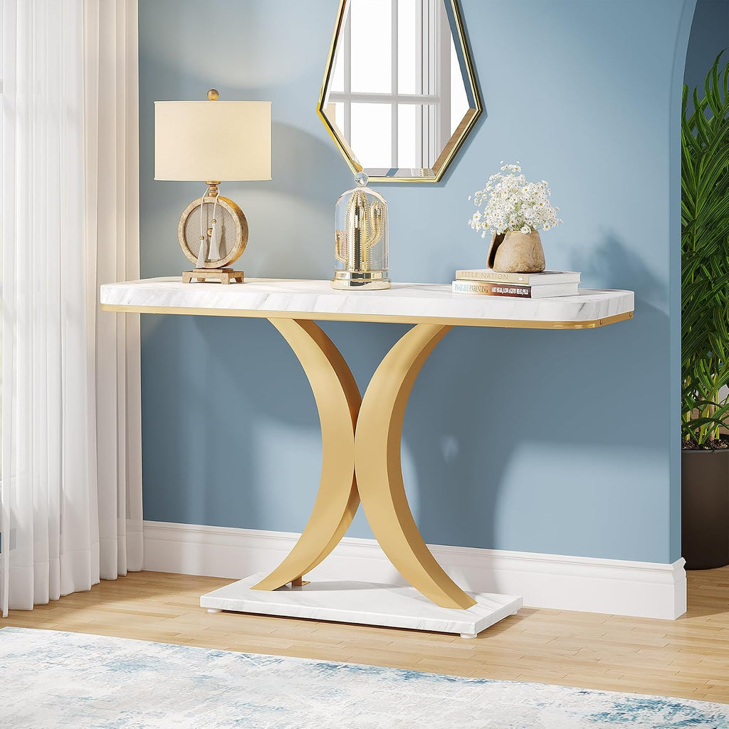 Modern Gold Console Table, 40 inch Narrow Entryway Foyer Table with Geometric Base, Rustic Hallway Accent Table