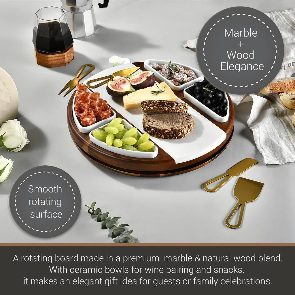Upgraded Lazy Susan Cheese Cutting Board Set - Round Acacia Charcuterie Board with 4 Ceramic Bowls - Wedding Gifts