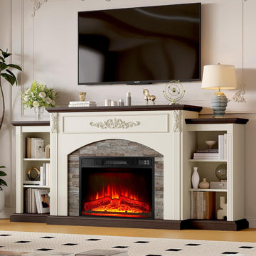 72" Electric Fireplace with Mantel, White TV Stand for TVs Up to 80 Inch, Farmhouse Entertainment Center with Storage