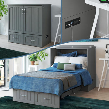 Murphy Bed Chest Twin XL with 6" Mattress, Storage Drawer & Built-in USB Charger, Grey