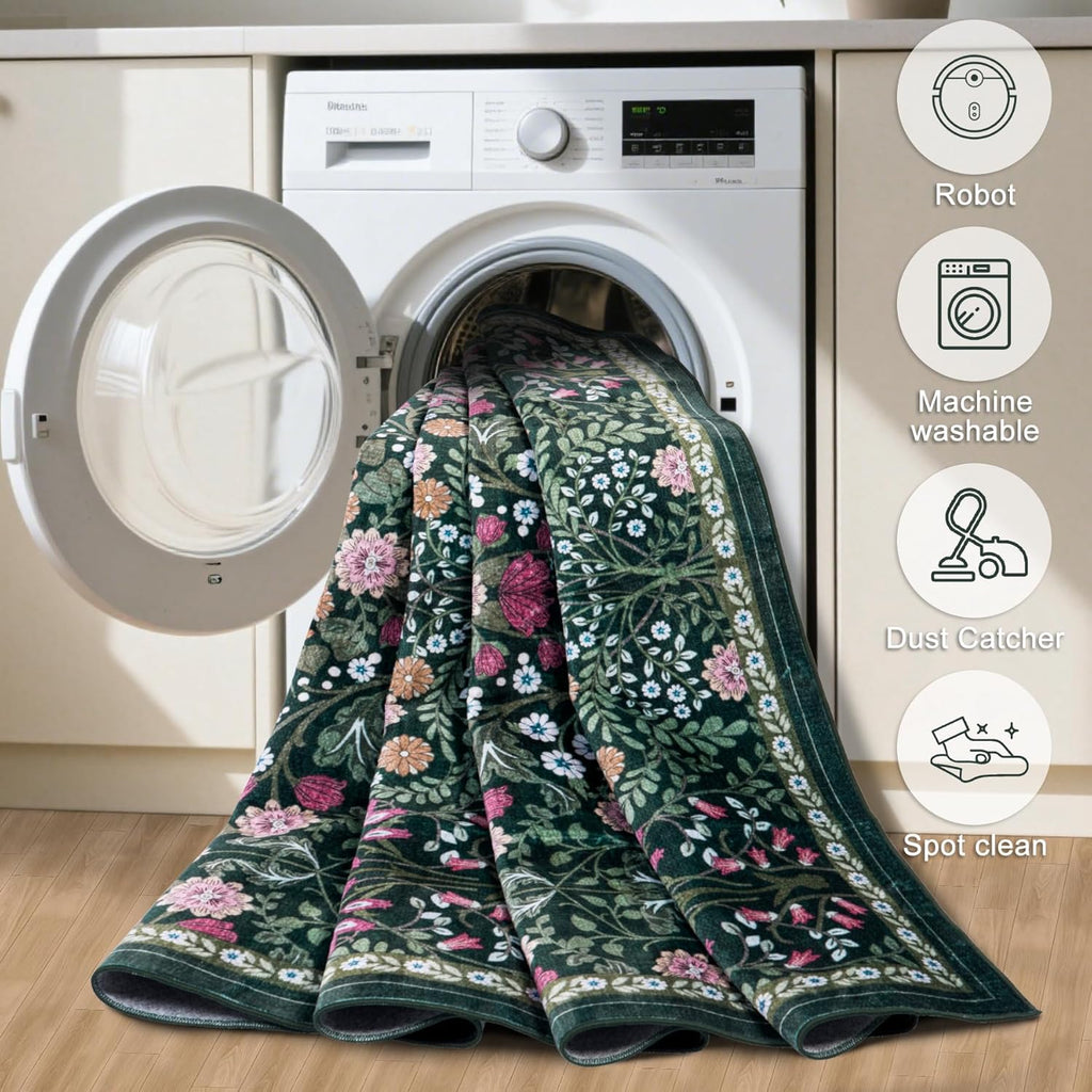 10x14 Area Rugs for Living Room: Floral Washable Rug Vintage Large Soft Boho Non-Slip Carpet Stain R