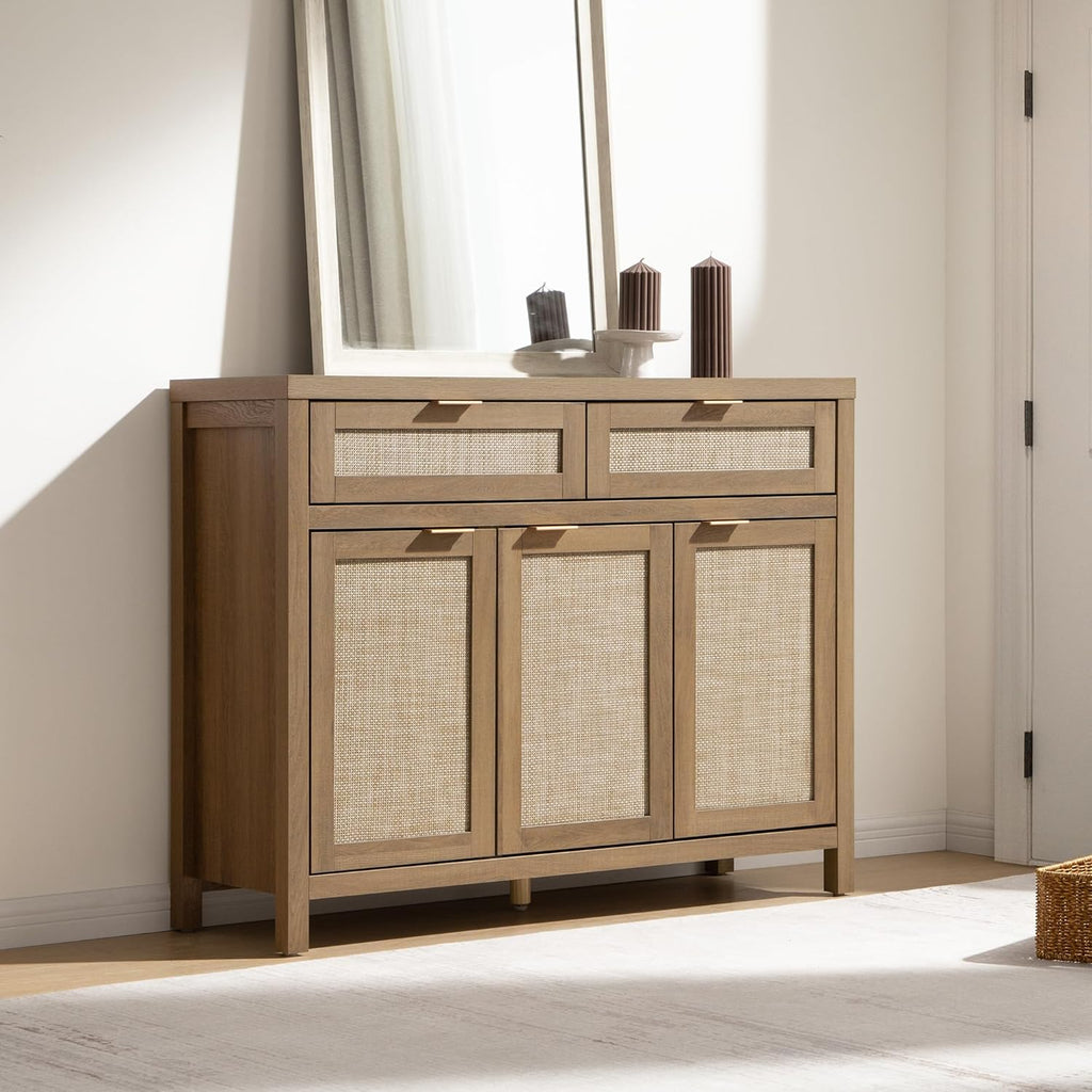 Rattan Sideboard Buffet Cabinet with Storage, Boho Credenza Accent | Storage Cabinet with 3 Doors and 2 Drawers
