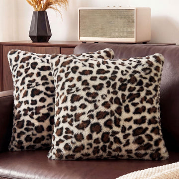 Leopard Throw Pillow Covers 18x18 Set of 2, Soft Faux Fur Cheetah Pillow Covers, Fluffy Decorative Cushion Covers