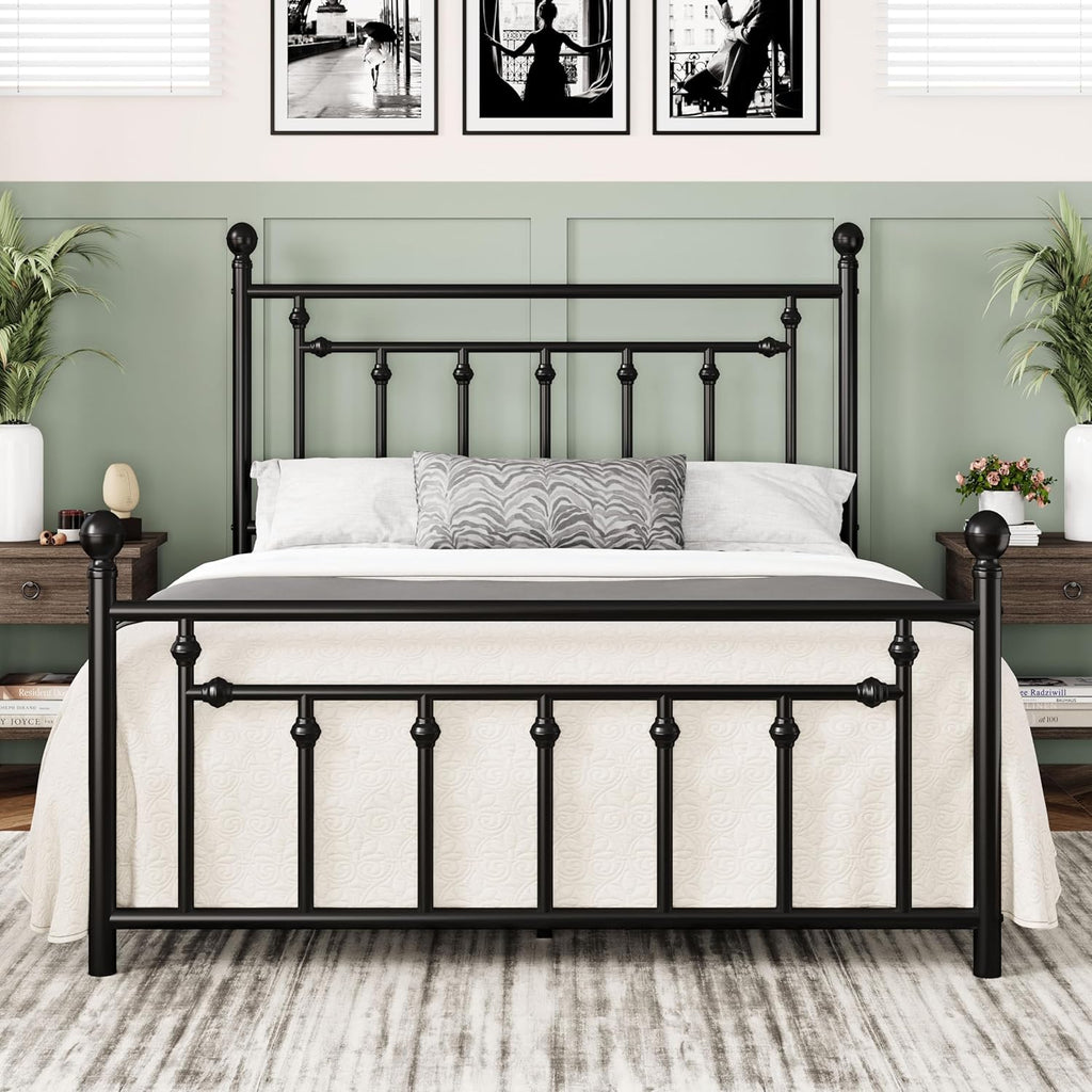 14 Inch Queen Metal Platform Bed Frame with Victorian Vintage Headboard and Footboard/Mattress Foundation/Under Bed