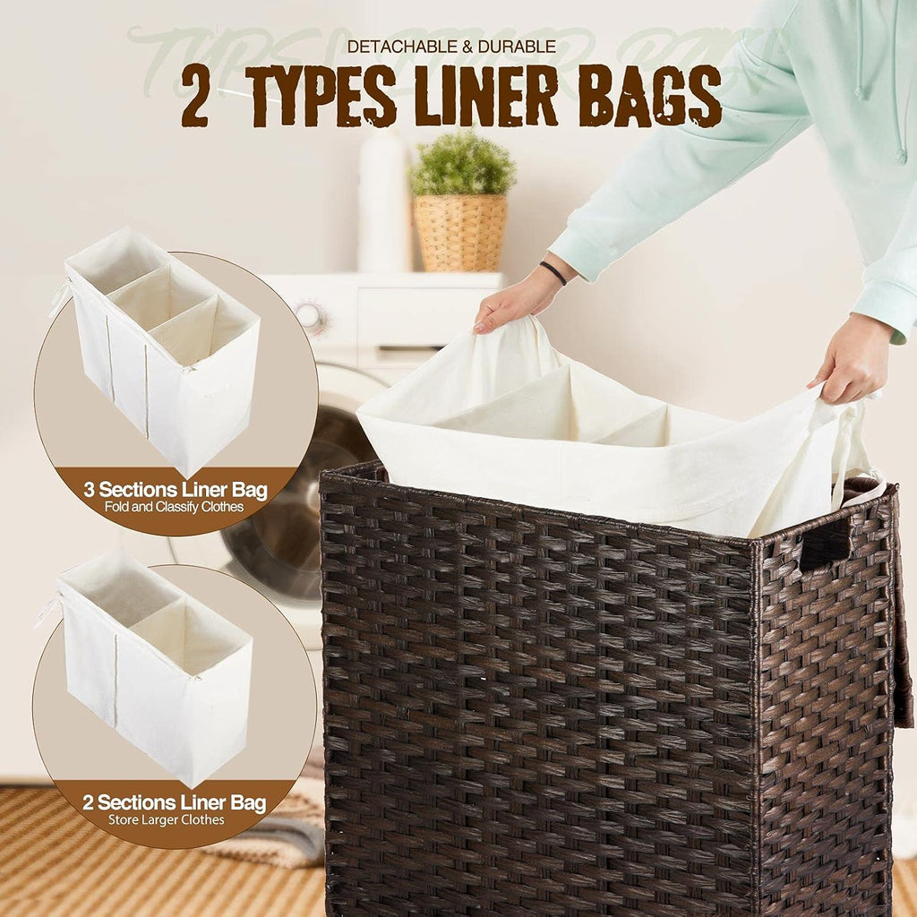Laundry Hamper with Lid, 125L Large Clothes Hamper with 3 Section & 2 Section Removable Liner Bags & 5 Mesh Laundry