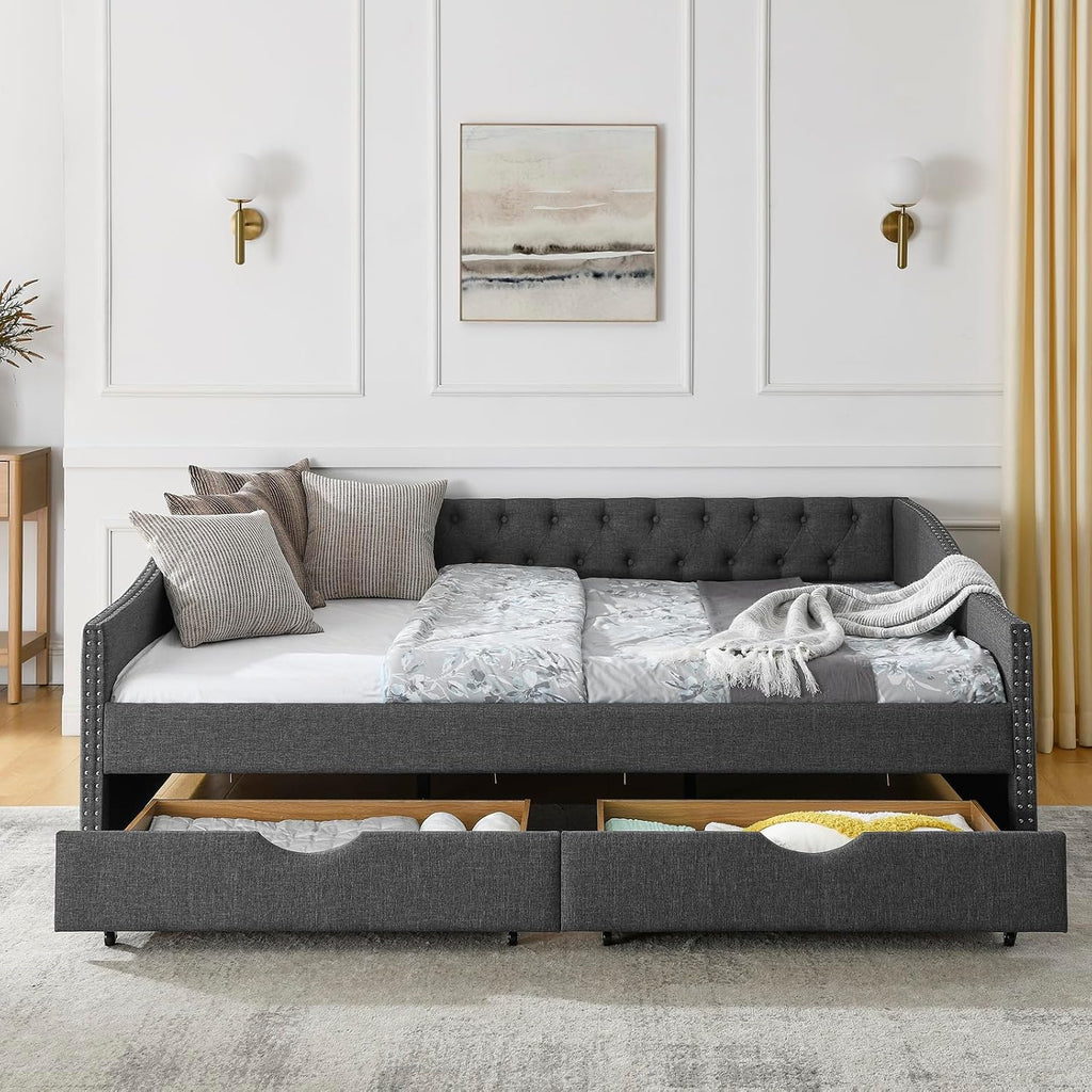 Wood Queen Size Daybed, Day Bed Frame with 2 Storage Drawers, Upholstered Bed Frame Queen Sofa Bed with Button and