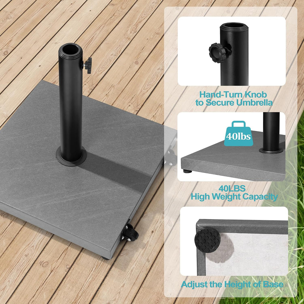 Patio Umbrella Base 43lbs Outdoor Umbrella Stand with Wheels, Heavy Duty Square Concrete Stand Market Umbrella, Gray