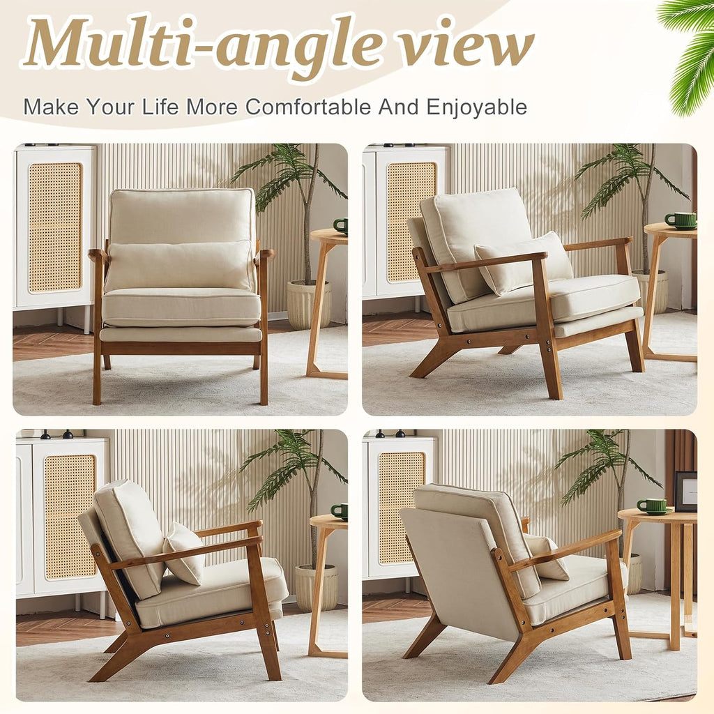 Solid Wood Wide Armrests Accent Chair,Upholstered Mid Century Modern Chair with Pillow,Comfy Reading Chair Farmhouse