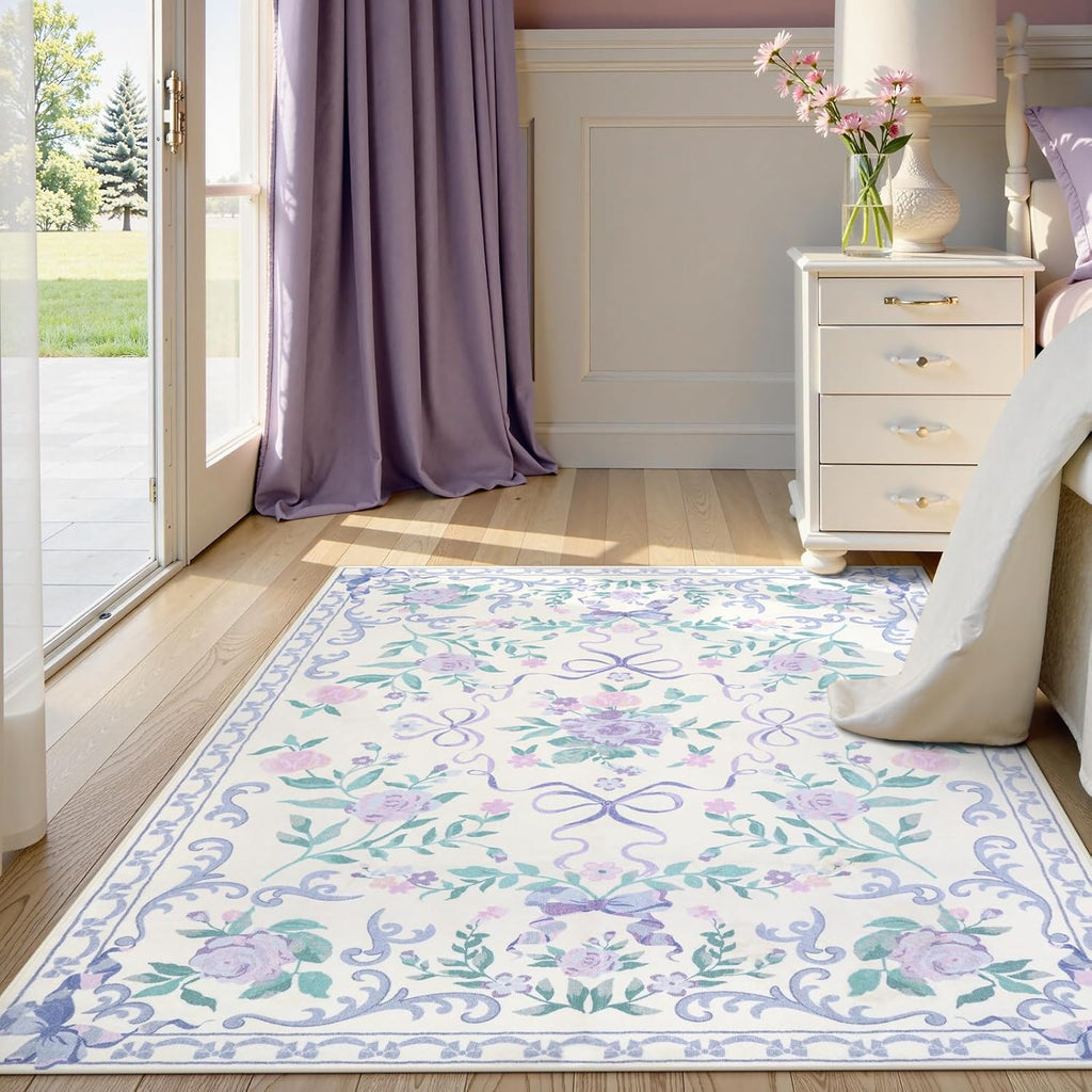 4x6 Purple Floral and Bow Washable Nursery Rug for Girls Bedroom