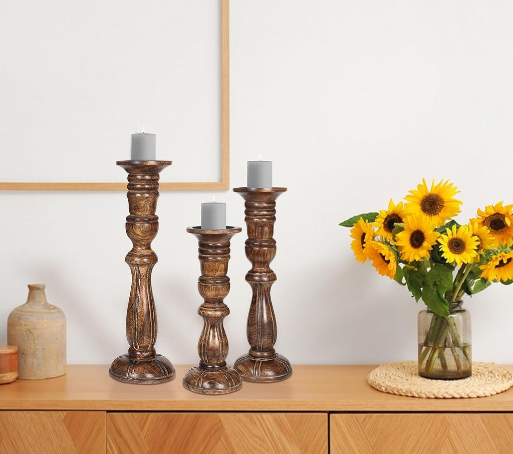 Wooden Candle Holder Set of 3, Tall Natural Burnt Pillar Candle Holders, Rustic Farmhouse Decor, Brown Wooden Candle