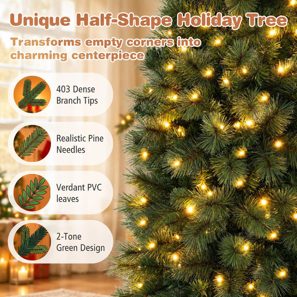 7 FT Pre-Lit Artificial Half Christmas Tree with 8 Lighting Modes