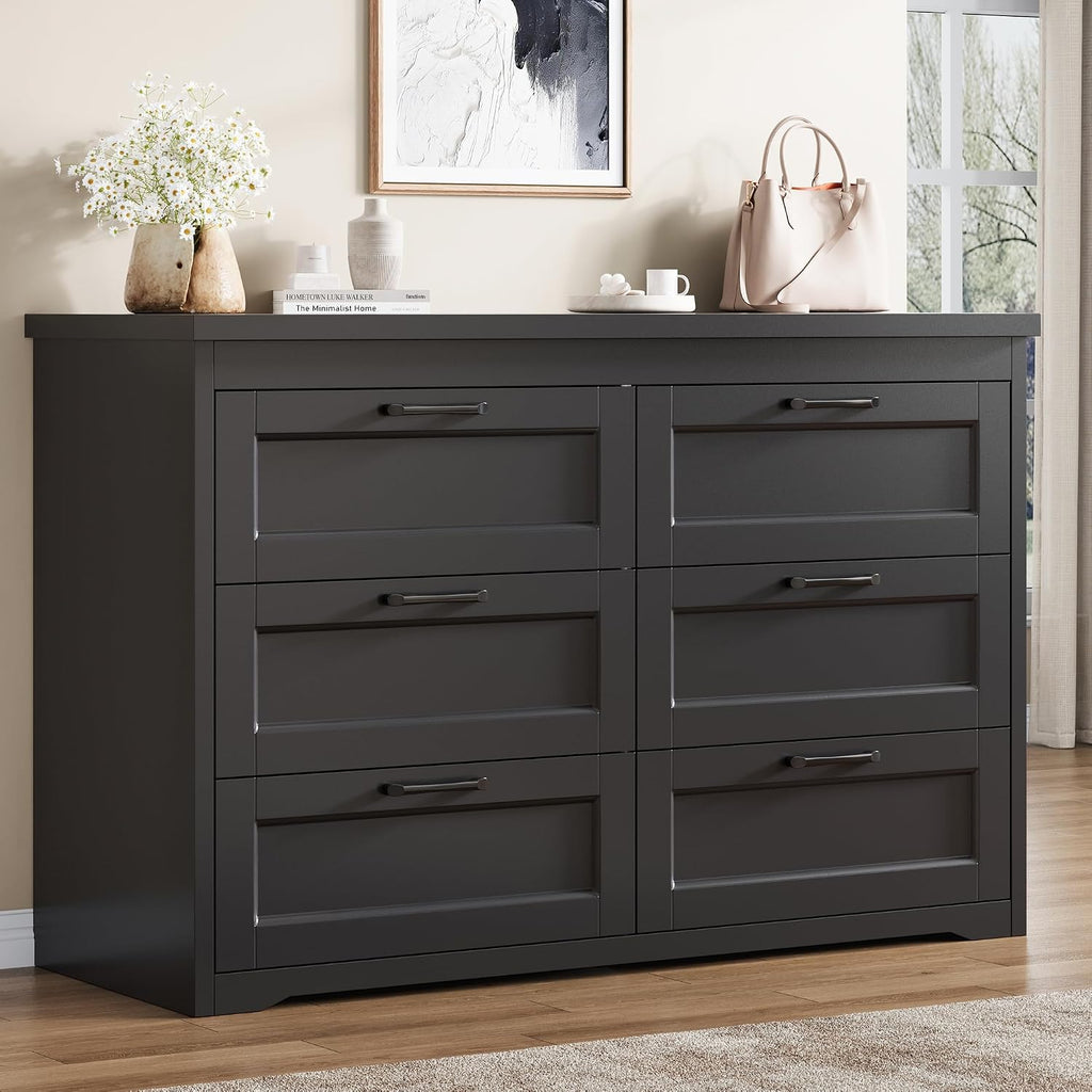 Black 6 Drawer Dresser , 47.2" Modern Chest of Drawers | Wooden Storage Dresser with Mental Handle, Large Double