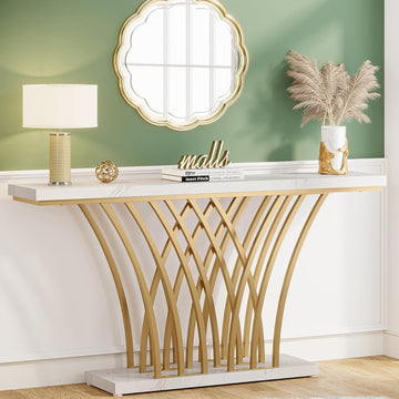 59 inch Gold Console Table, Modern Entryway Table with Grid-Shaped Metal Base for Entrance, Hallway, Entryway, Living