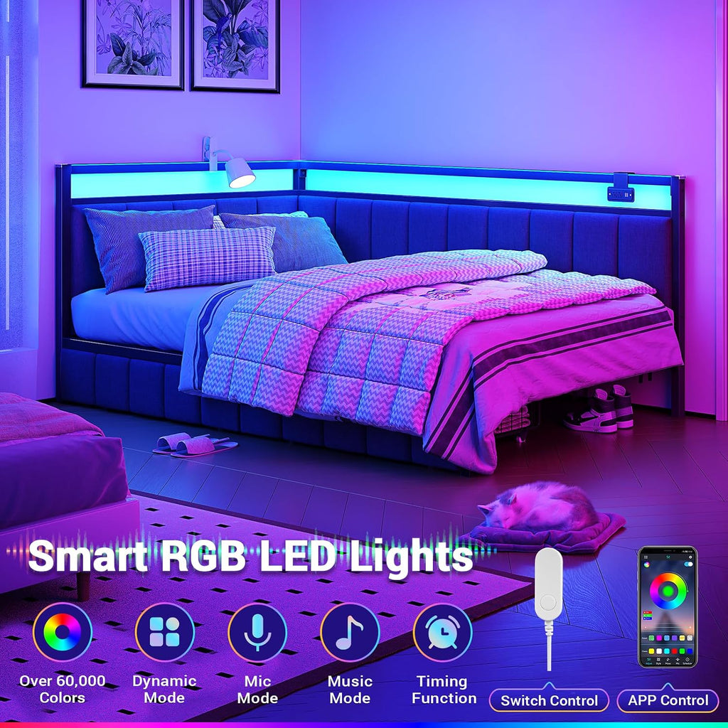 Corner Bed Frame with Storage Drawers, Twin Daybed with Line Fabric Upholstered Fence, Kids Bed Unit with LED Light