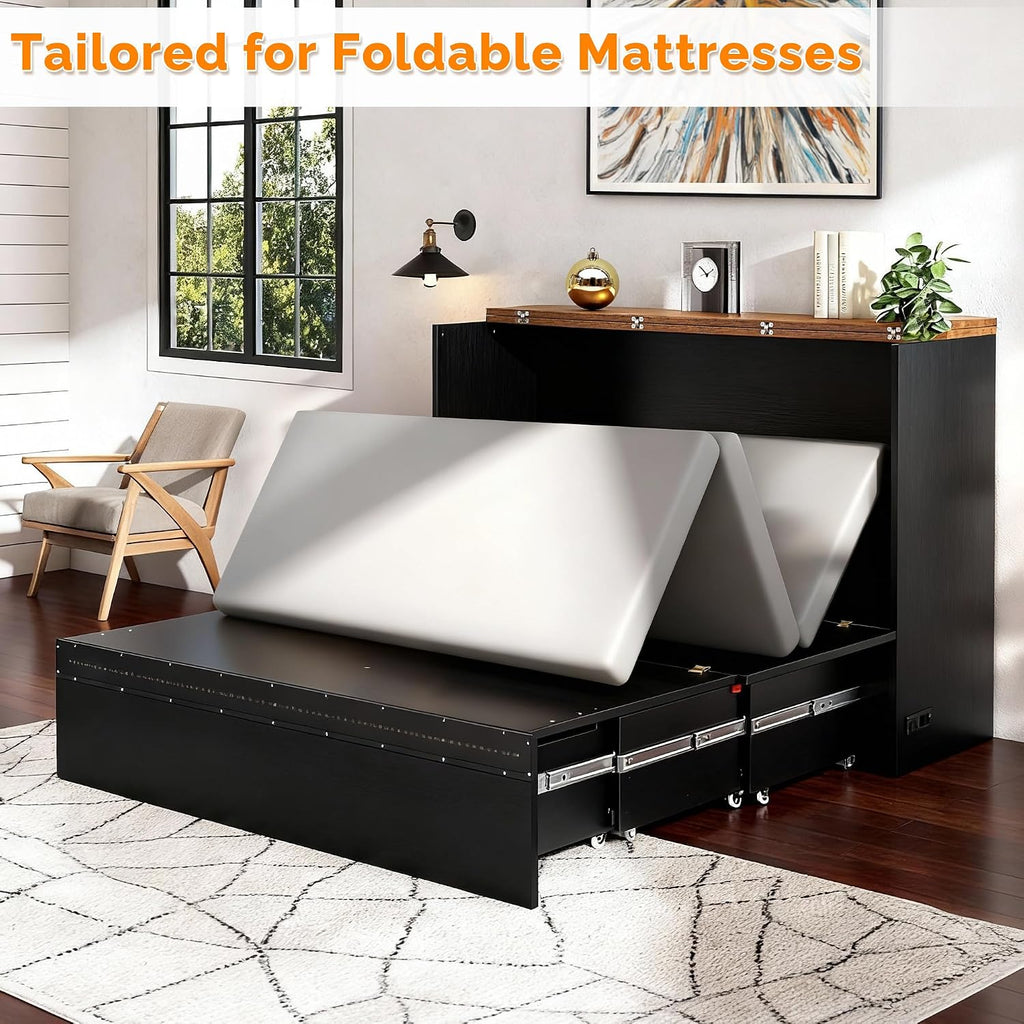Full Murphy Bed with Storage Drawer,Smart LED Lighting,Built-in 2 Charging Stations, Space-Saving Cabinet Bed for