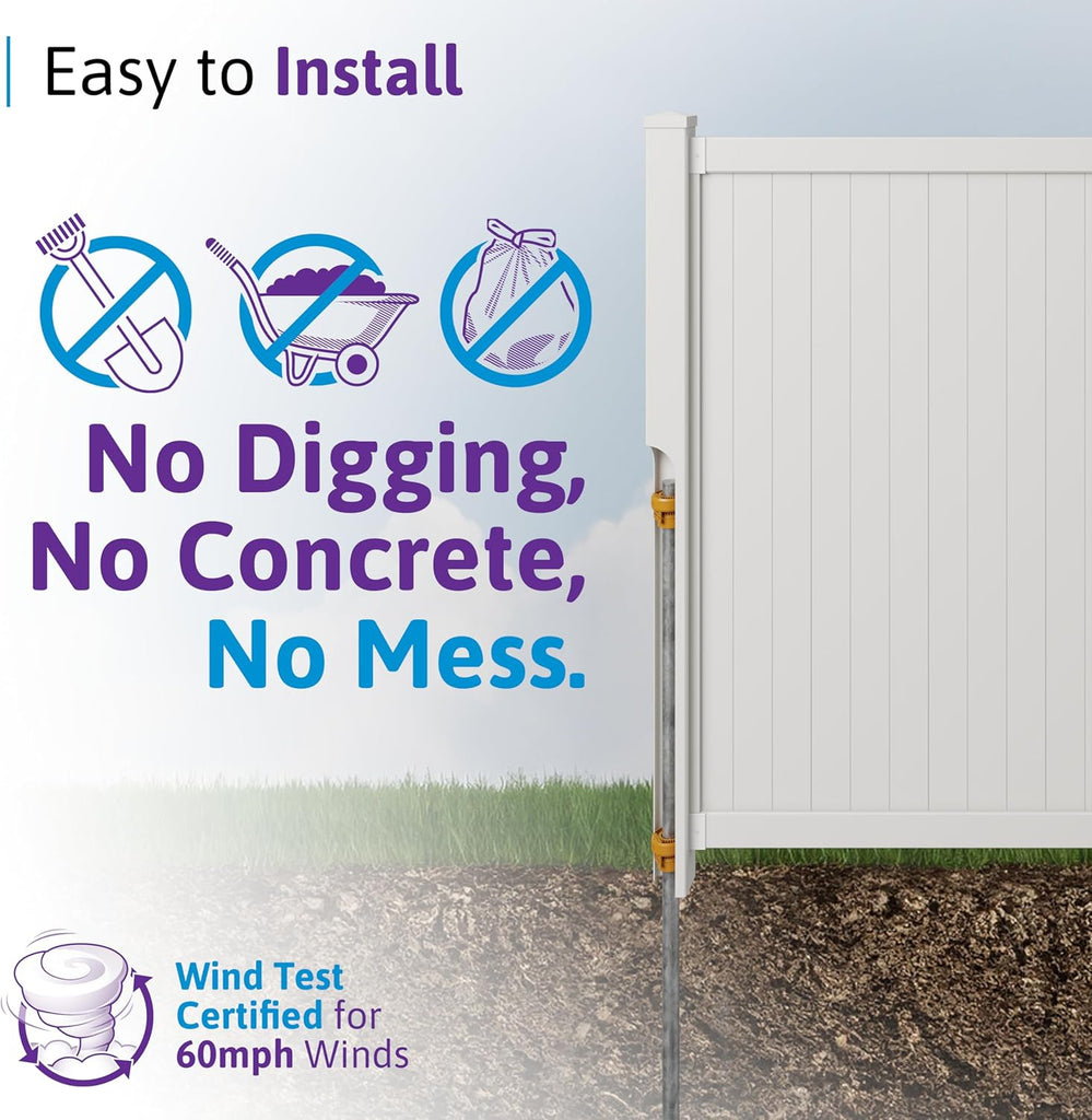 6ft H x 6ft W (1 Panel + 1 Post) Permanent No Dig Privacy Fence Kit, Durable White Vinyl Privacy Fence, BL19110