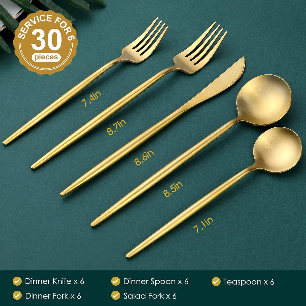 Matte Gold Silverware Set, 30-Piece Food Grade Stainless Steel Gold Flatware Set, Kitchen Utensil Set Service for 6