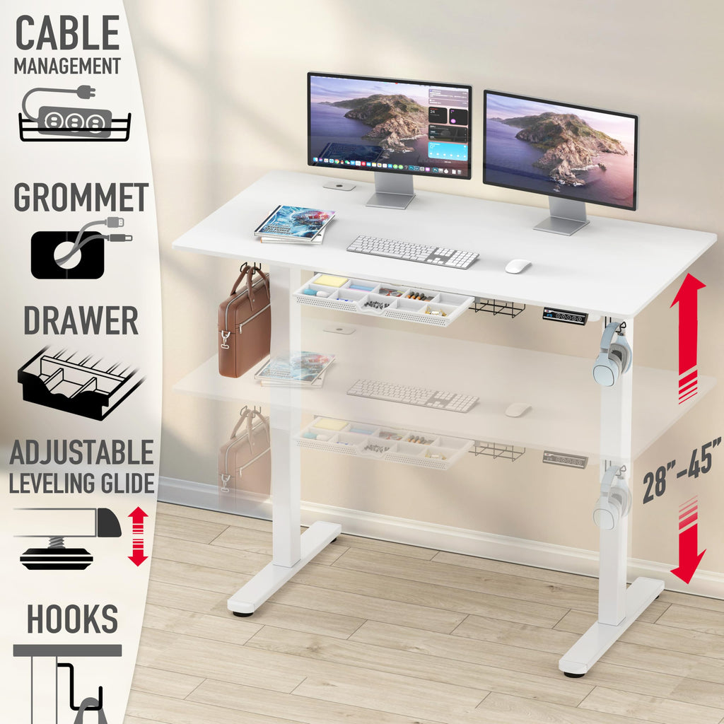 55 x 28 Electric Height Adjustable Standing Desk w/Drawer, White