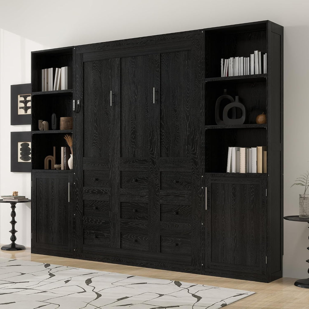 Queen Farmhouse Murphy Bed with Storage Bookcase Shelves and Cabinets, Solid Wood Foldable Hidden Vertical Murphy