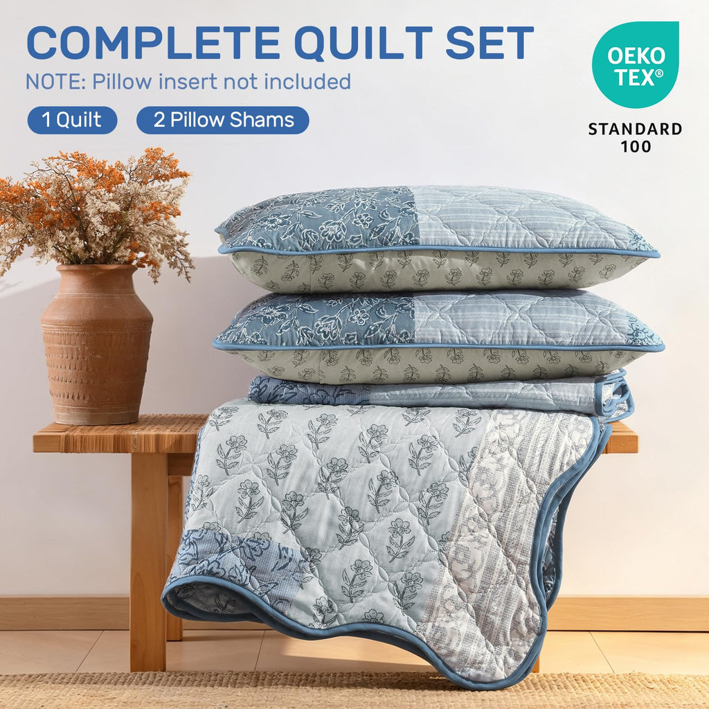 Blue Quilt Set, Reversible Floral Patchwork Bedspread