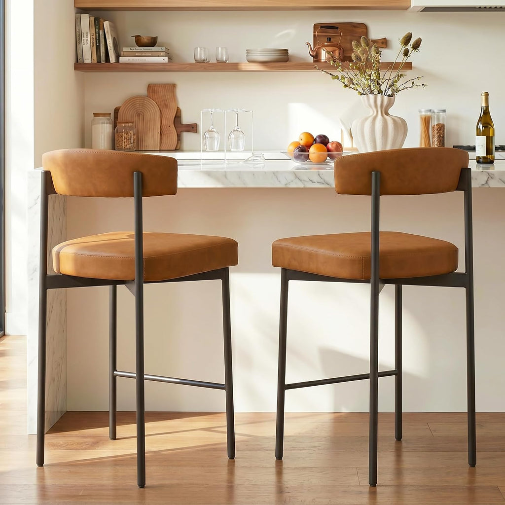 Brown Modern Bar Stools Set of 2, 24 Inch Faux Leather Counter Stools with Curved Backrest, Counter Height Bar Stool