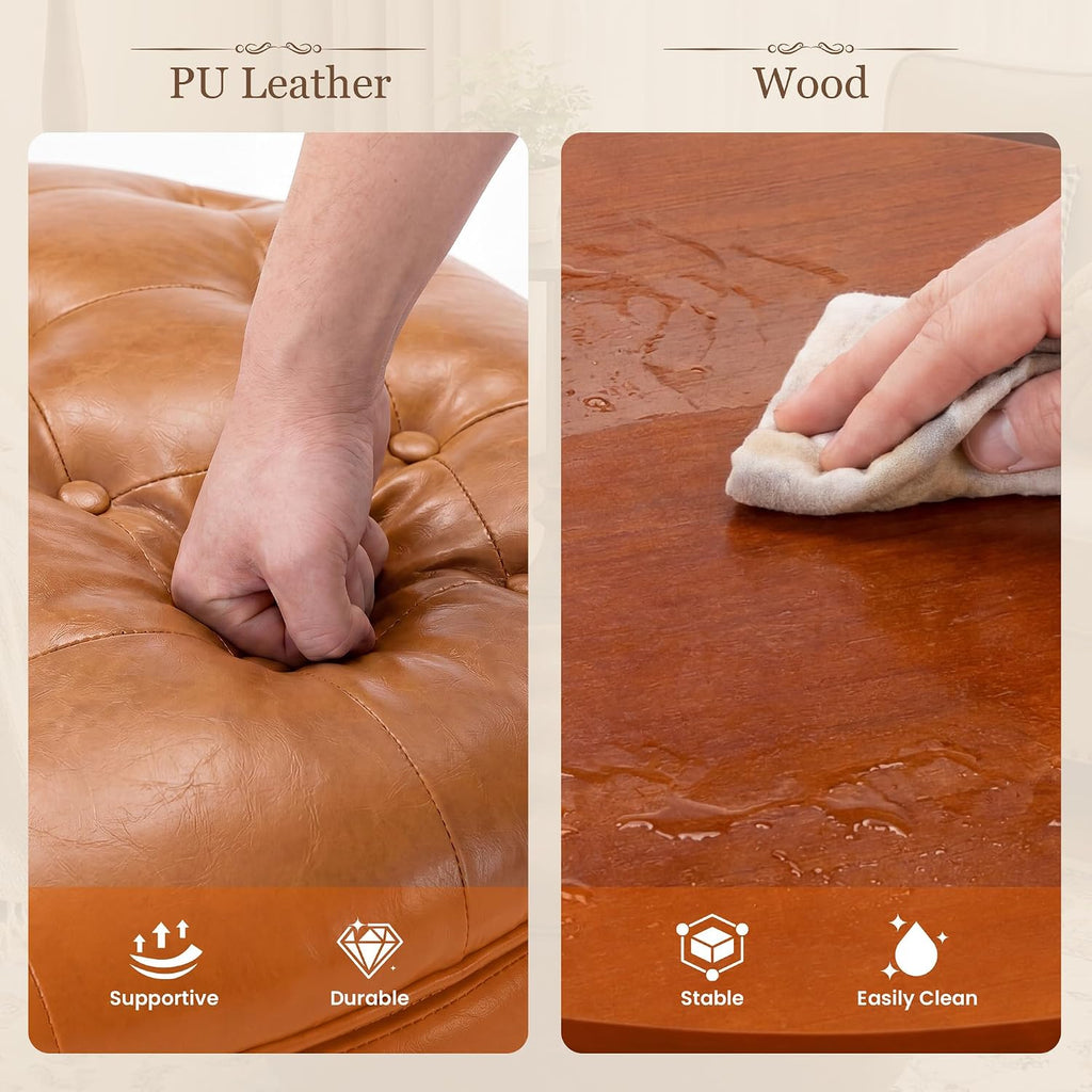 29" Large Round Storage Ottoman with Tray, Camel