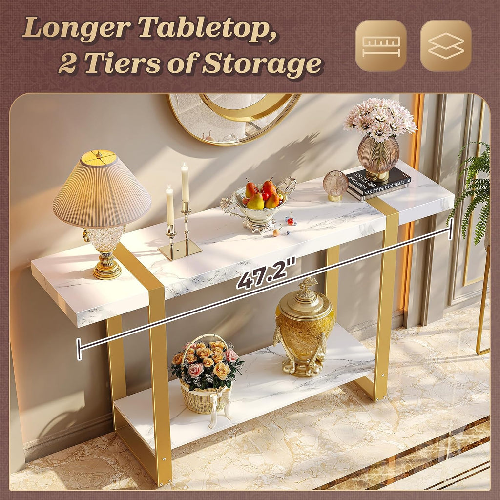 47.2 Inch Entryway Table with Marble Top, 2-Tier Modern Console Sofa Table with Storage, Accent Table, for Entry