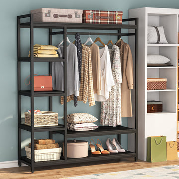 Free Standing Wood Closet Clothes Rack,Heavy Duty Grament Rack with Shelves,Hanging Racks for Clothes Clothing Rack