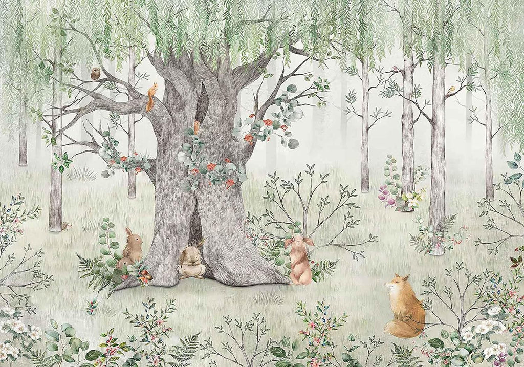 Green Forest Wallpaper Fox Pine Mouse Big Tree | 127"x96" Not Self-Adhesive Mural for Children's Room Living Room