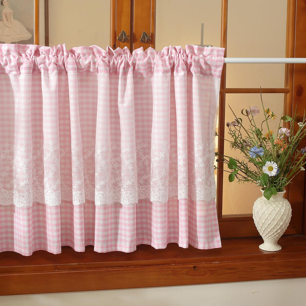 Pink and White Buffalo Check Plaid Window Valances Floral Lace Semi Sheer Kitchen Curtain Farmhouse Gingham Curtains