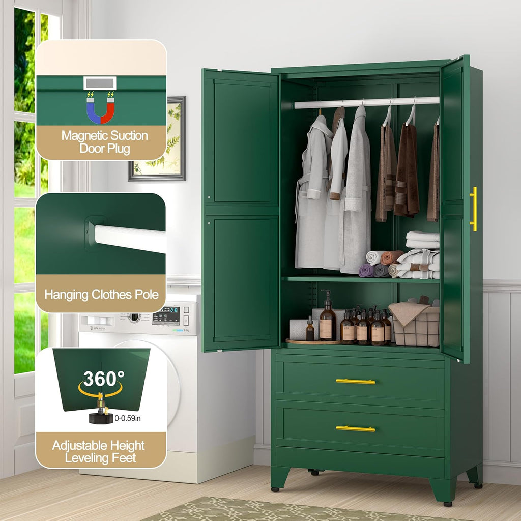 71" Wardrobe Cabinet with 2 Doors, 1 Adjustable Shelf and 2 Drawers | Metal Clothing Storage Cabinets with Hanging