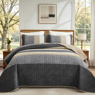 Grey Quilt Set, 3-Piece Boho Striped Bedding