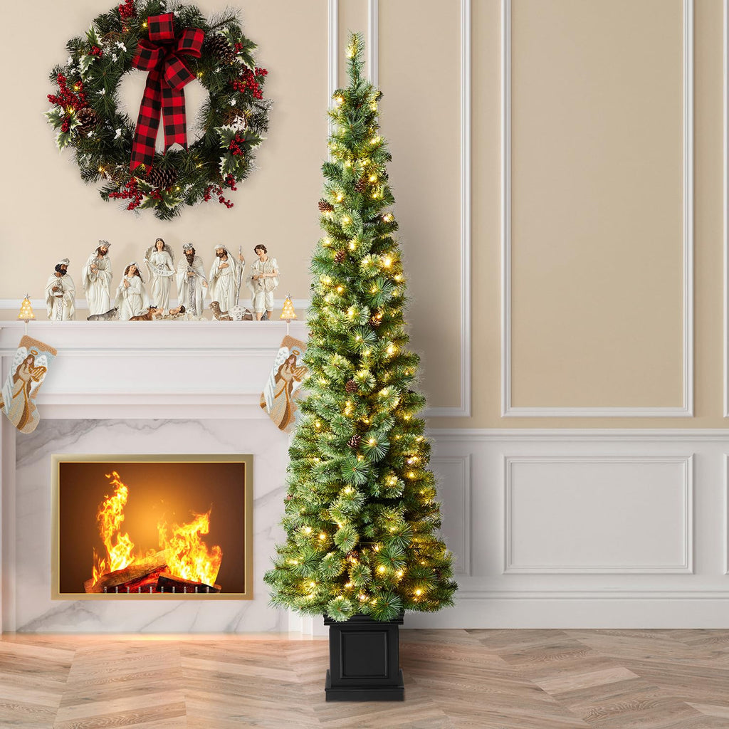 2 Pack Artificial Christmas Trees, 7FT Prelit Christmas Tree Green Pine Entrance Trees Christmas Porch Tree with 200