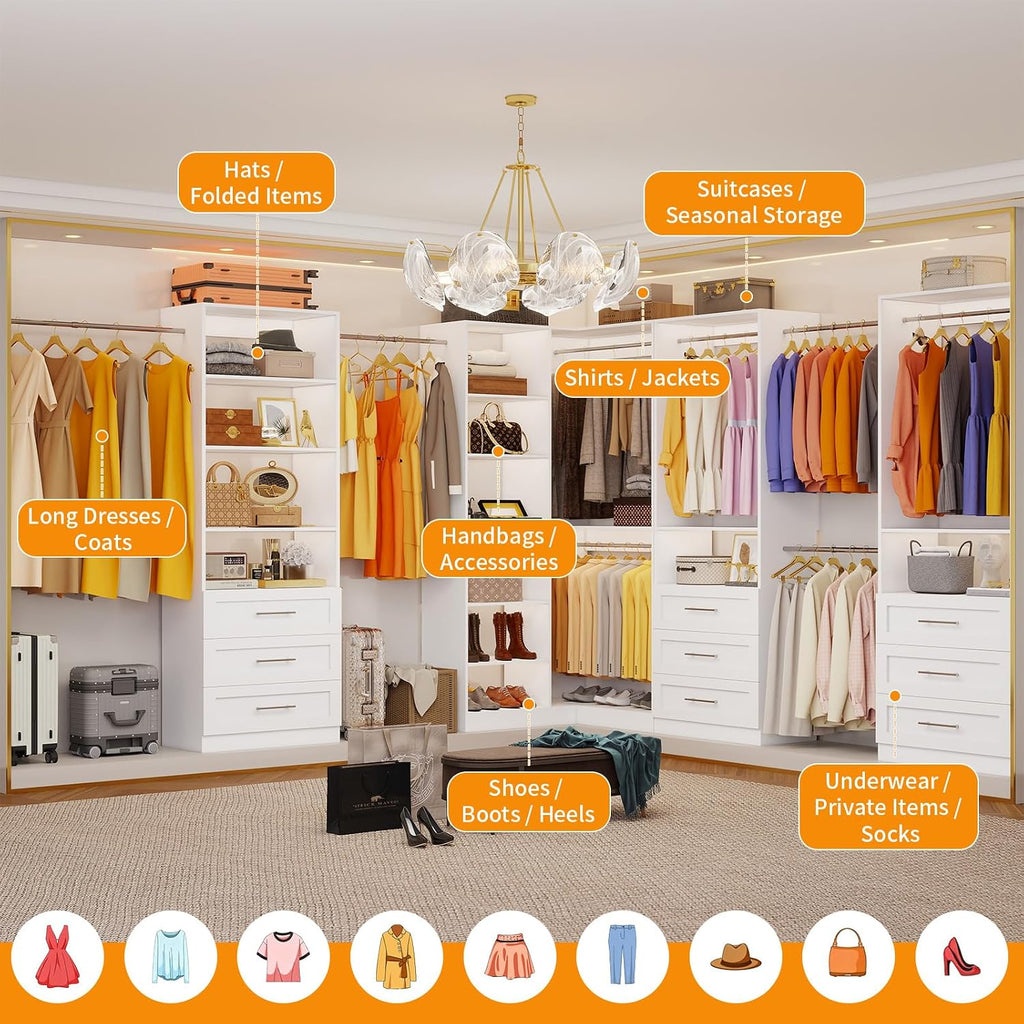 Closet System with 4 Sets, 8.5FT-21.5FT Corner Closet Organizer System with 9 Drawers & 12 Shelves & 8 Hanging Rods