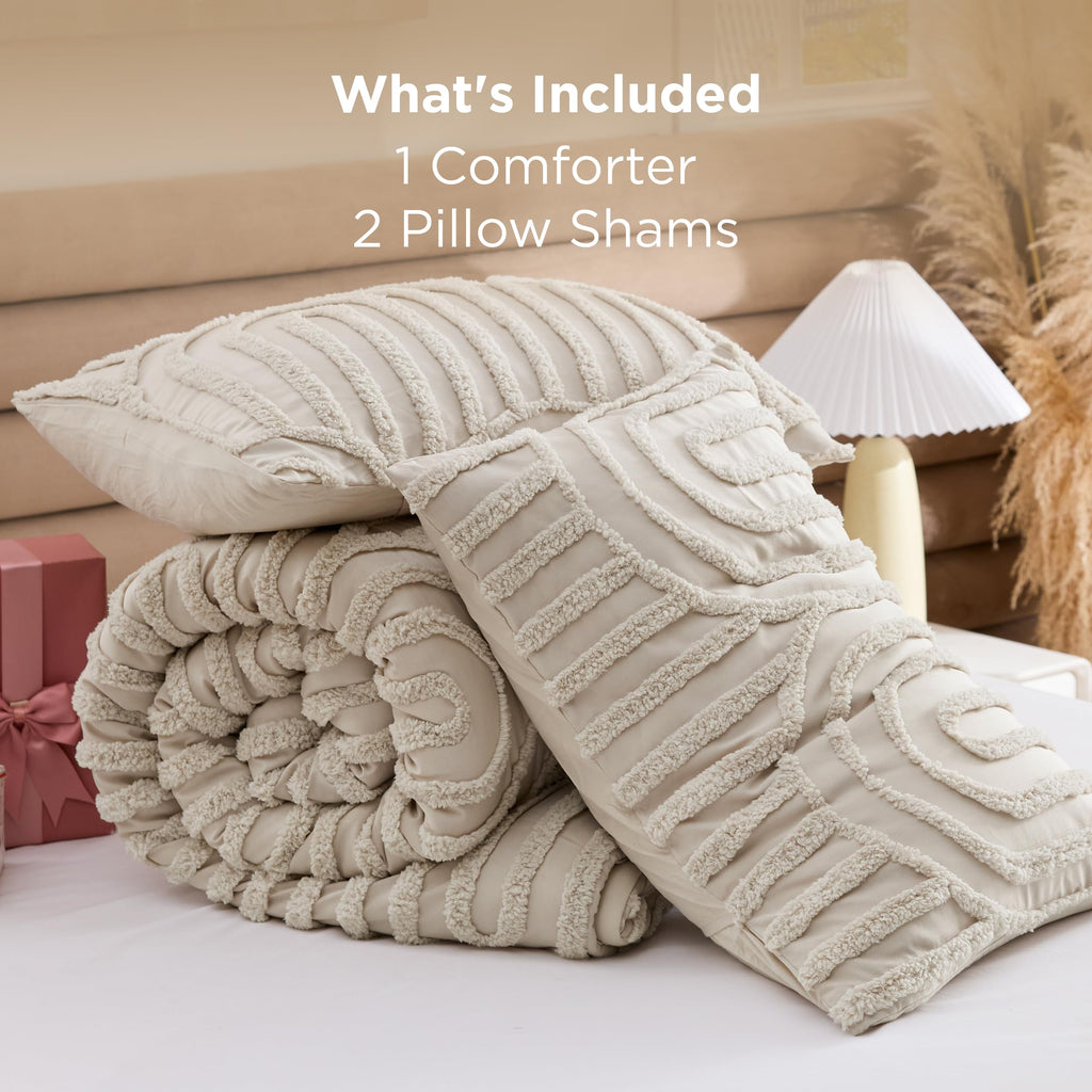 Boho Comforter Set Queen, Bedroom Decor Cozy Bedding Set Beige