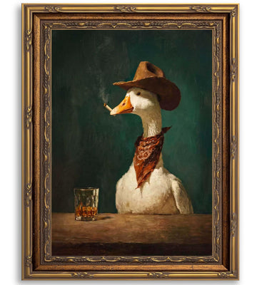 Vintage Gold Framed Funny Cowboy Duck Wall Art, Western Retro picture Print, Gold Ornate Rustic Frame, Quirky Whiskey