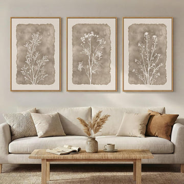 3 Piece Framed Neutral Botanical Wall Art Set, Large Farmhouse Floral Canvas Prints Paintings, Minimalist Wildflower