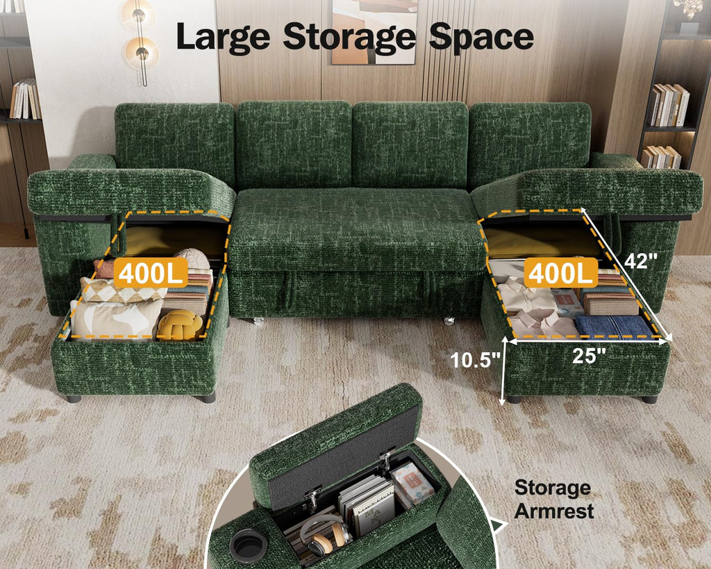 108" Modular Sectional Sleeper Sofa with Pull Out Bed, 4 Seat Chenille U Shaped Couch with USB Ports|Cup Holders|Side