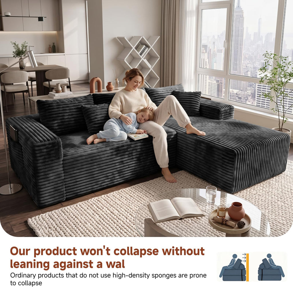 Couch ≈94inch, L-Shaped Sofa, Boneless Couch, with Chaise (Black, 94IN)