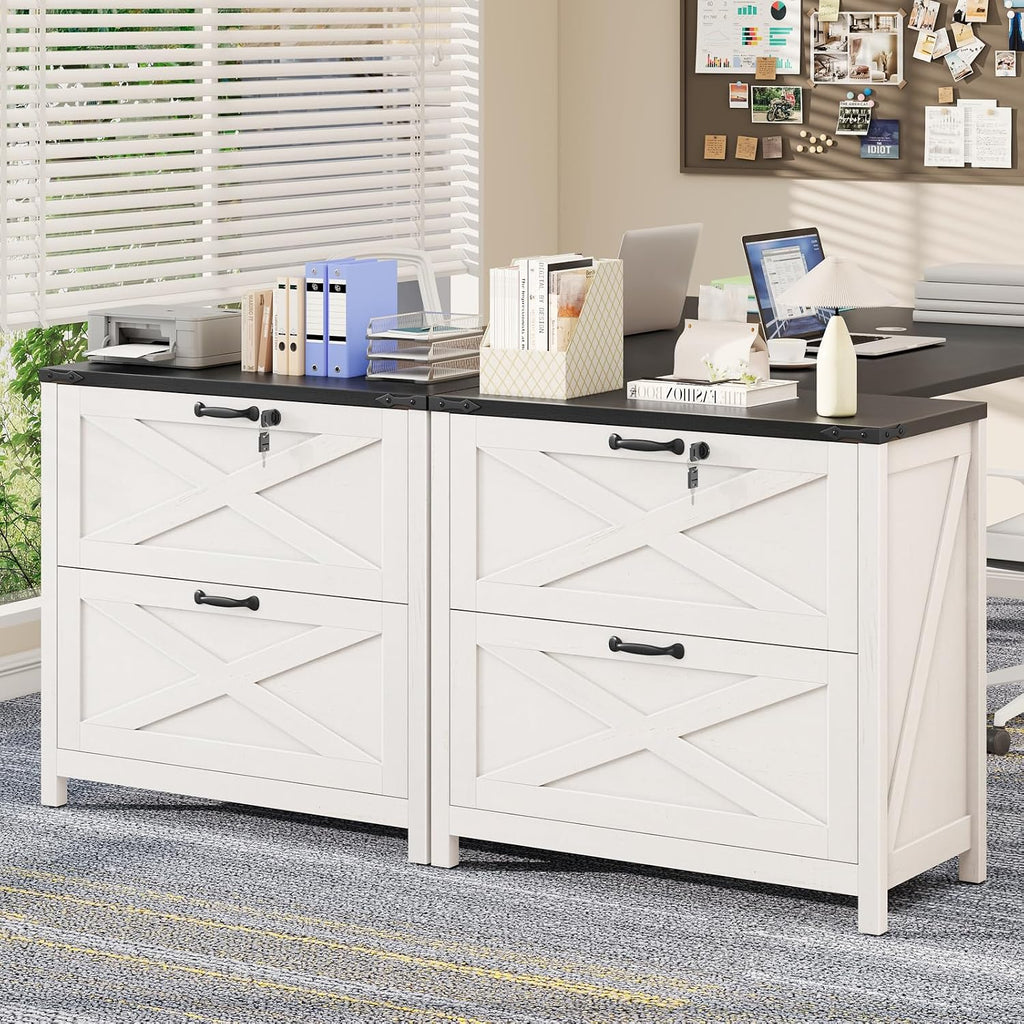 Farmhouse Lateral File Cabinet with 2 Drawers, White and Black | Lateral Filing Cabinet with Lock for Letter/A4/Legal