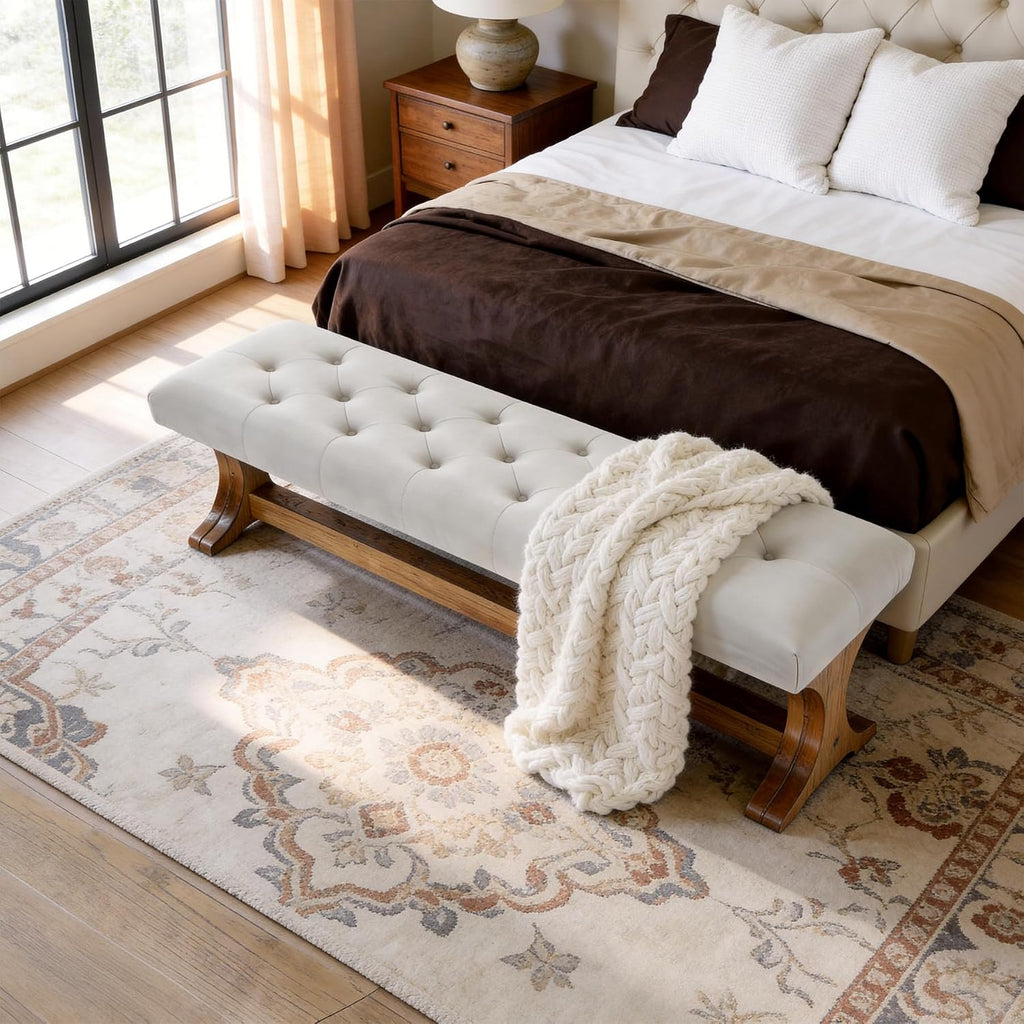 55" Upholstered End of Bed Bench, Solid Wood Tufted Entryway Bench, Farmhouse Ottoman with Cushion , Foot of Bed
