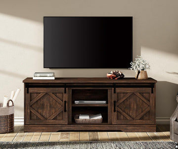 25.6"H Farmhouse TV Stand for 75" TV with Barn Doors& Hidden Storage | 66.1" W Rustic Country-Style TV Cabinet with Smooth Barn Door Slides,Holds 135+ CDs,Height-Adjustable Media Shelf