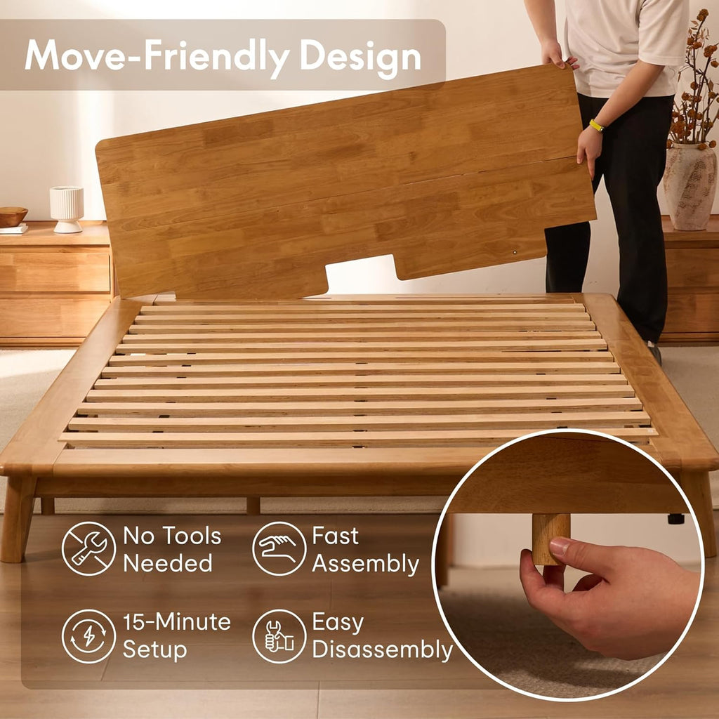 Hako G1 Solid Wood Platform Bed Frame Queen,Rubberwood,Tool-Free Assembly,Low Profile Floating,Storage Shelf&Charging