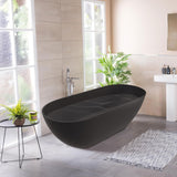 59" Free Standing Tub, Oval-Shaped Stone Resin Freestanding Bathtub Matte Black Solid Surface Soaking Tub with Drain